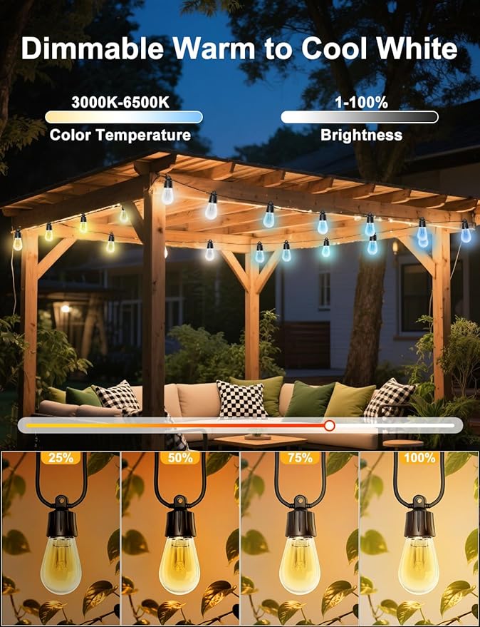 Outdoor String Lights, 50ft Smart RGB IC Warm White Patio Lights Outdoor Waterproof with Remote & App Control, Compatible with Alexa Great for Deck, Gazebo, Balcony