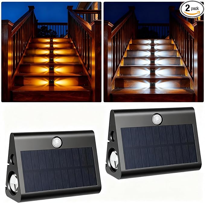 2 Pack Motion Sensor Solar Step Lights,IP67 Outdoor Waterproof LED Stair Lights, 3 Color Temp & Double-Sided Lighting, Outside Decor Light for Deck,Porch,Railing,Fence,Walkway, Yard,Wall,Patio.