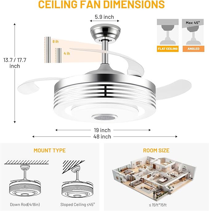48 Inch Fandelier Ceiling Fan with Light and APP/Remote,Bluetooth RGB Ceiling Fan with Music Speaker,3 Retractable Blades 6 Speed Chandelier Fan for Bedroom Living Room Dining Room