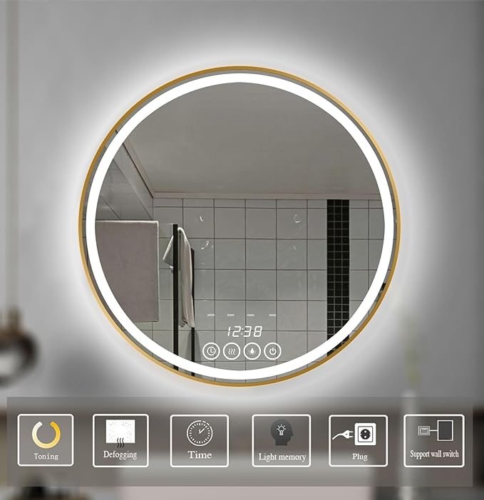 Wall-Mounted Round Bathroom Mirror with LED-Lights - Frame Vanity Mirrors (28" x 28", Gold)