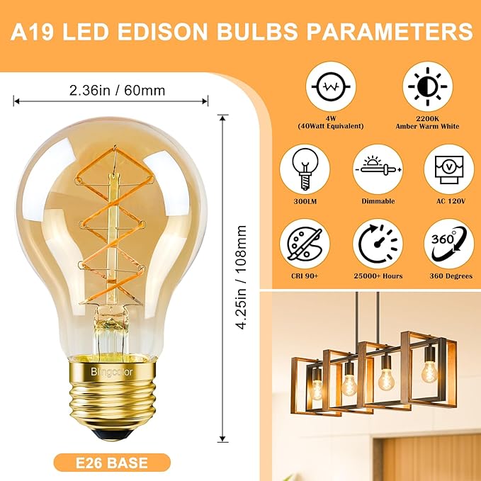 A19 Vintage LED Edison Bulbs 40 Watt, Dimmable E26 LED Edison 2200K Warm Light Bulbs, 4W Equal 40 Watt Incandescent Bulbs, 4 Pack Decorative Antique Spiral Amber Light Bulbs, 300LM, CRI90+