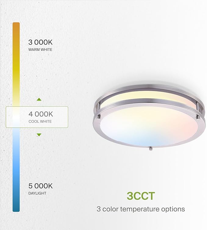 ASD LED 16" Round Flush Mount Lighting, Close to Ceiling Light Fixture | 3CCT, Dimmable, Energy Star, ETL Listed | 24W 2118LM 3000-5000K 100-277V | Low Profile Double Ring Lamp | Nickel, 4 Pack