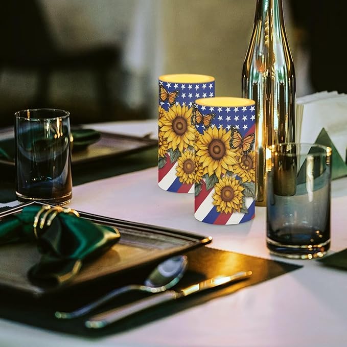 Independence Decorations Indoor Candles with Butterfly Sunflower American Flag Flameless Candles with Remote and Timer Set of 2 Battery Operated LED Candles for Festival Gift Home Room Decor