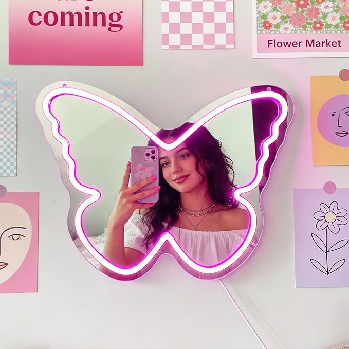 Butterfly Neon Sign with Mirror Backing - Dimmable LED Mirror Wall Decor for Girl's Bedroom, 16x12 Inch Glowing Pink Butterfly Vanity Mirror with Lights, USB Powered Kids Room Gift