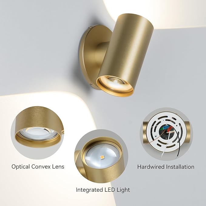 Tubicen Up Down Wall Sconce Gold Bright Indoor Dimmable Sconces Lighting Hardwired 7W 3000K LED Movie Theater Wall Lights for Living Room Hallway Stairway 5.4in Cylinder