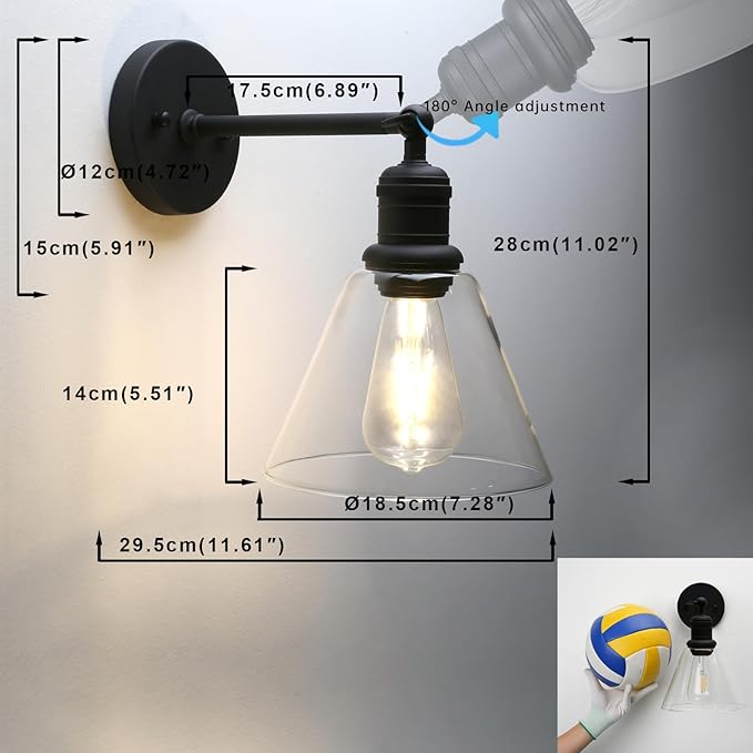 Yosoan Indoor Wall Sconce Fixture Light, 1-Light Modern Single Brass Vintage Industrial Hardwired with Funnel Flared Clear Glass Shade Lamp for Bathroom Sink Porch Kitchen Living Room(Black)
