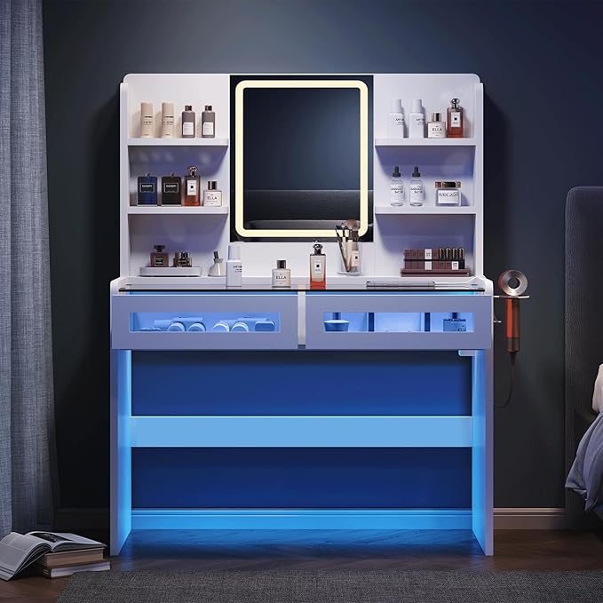 Vanity Desk with LED Lights Mirror & Power Outlet, Transparent Top Vanity with 2 RGB Drawers, 3 Lighting Modes & Adjustable Brightness, Dressing Table for Women Girls Bedroom, White Plus