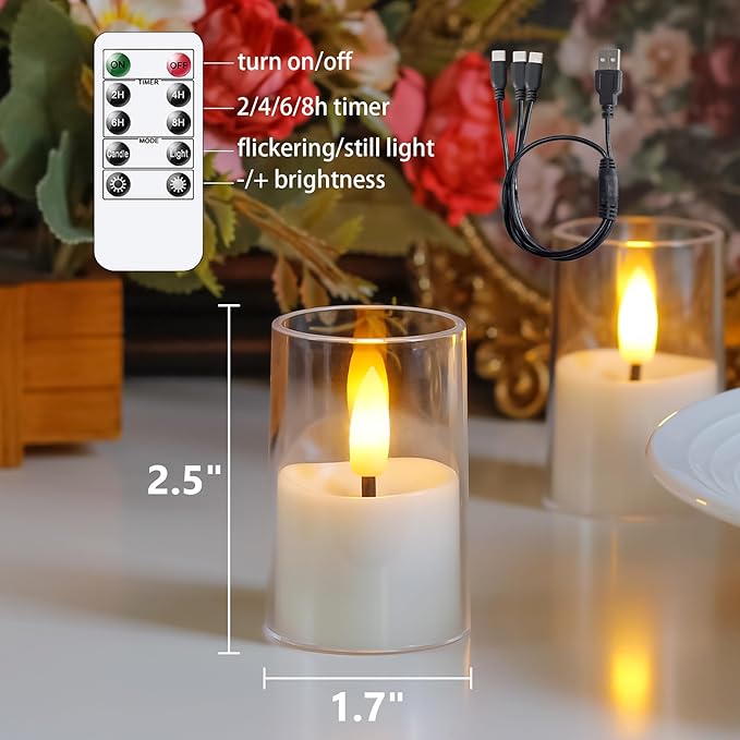 Rechargeable Acrylic Flameless Votive Candles with Timer & Remote Control, 1.7" x2.5" Flickering LED Warm Glow Tealight for Home, Wedding, Holiday Decor (Set of 6, White)