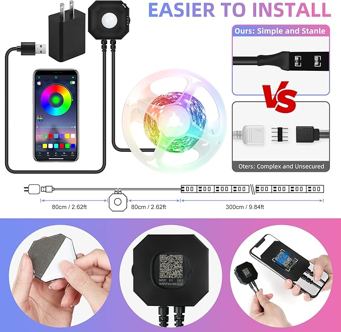 Motion Activated Under Bed Light Strips, 2x9.8ft RGB Motion Sensor LED Light Strip with App Control, USB 5V Dimmable LED Night Light with 4 Timing Off Modes for Bed Wardrobe Cabinet Staircase Decor