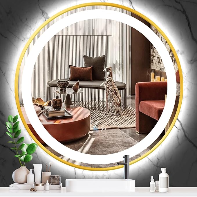 36 Inch Gold Round Vanity Mirror with Lights Gold Frame Round Lighted mirror for Bathroom Salon Wall Makeup 36 Inch Large Golden Circle Round LED Mirrors Smart Memory 3 Color Dimmable AntiFog