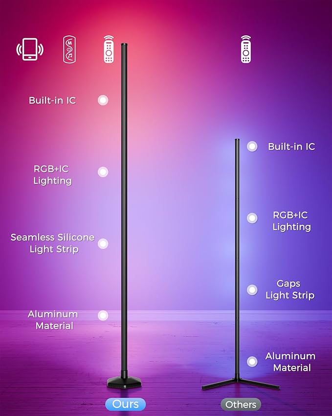 Corner Floor Lamp, 65" RGB Color Changing led Floor lamp with APP and Remote Control, Dimmable Mood Light Corner Light with Music Sync, DIY Mode & Timing for Living Room Gaming Room
