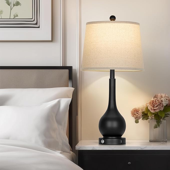 26" Black Table Lamps Set of 2, Touch Control Lamps for Living Room, 3-Way Dimmable Bedroom Bedside Lamps for Nightstands with USB A+C Port (2 LED Bulbs Included)