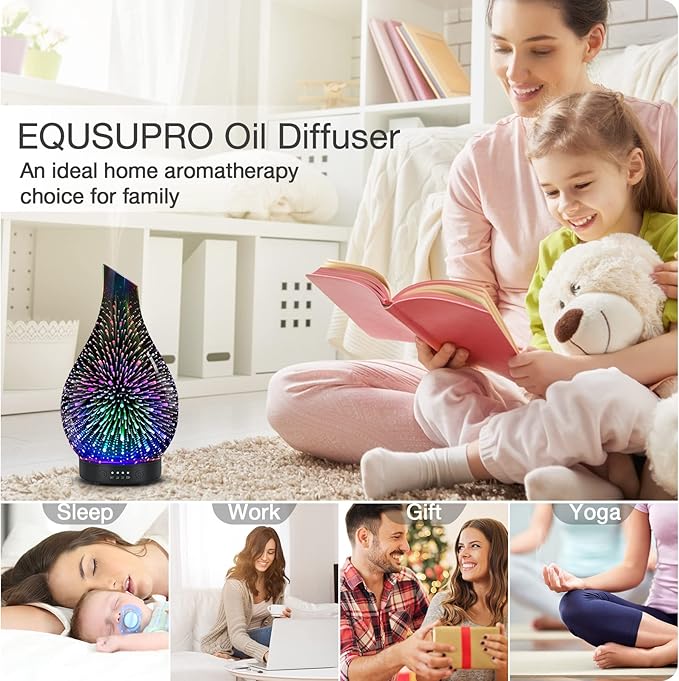 Essential Oil Diffuser Aromatherapy Diffuser - Art Glass Oil Diffuser with Auto Shut-Off Protection 4 Timer Setting 7 Colors Changed LED Night Light for Home Office Decor Gift (3D Fireworks)