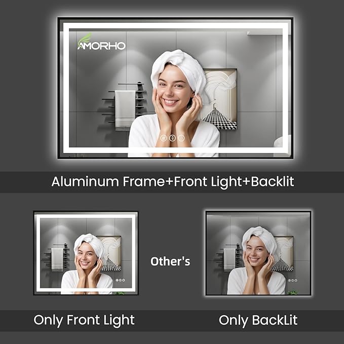 Amorho LED Bathroom Mirror, 72" X40" Front Light and Backlit, Black Framed, Stepless Dimmable, Anti-Fog, Shatter-Proof, Memory, 3 Colors, Double LED Vanity Mirror