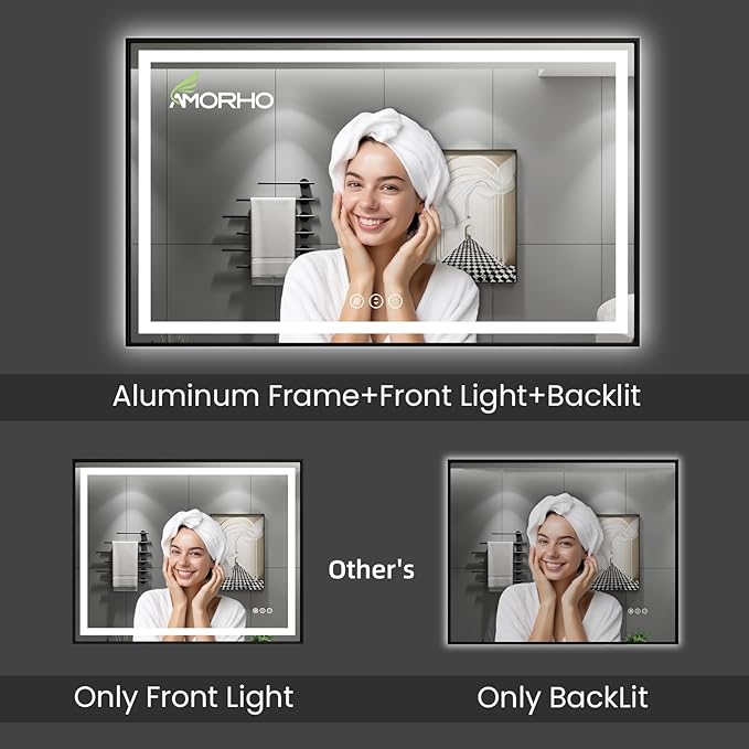 Amorho LED Bathroom Mirror, 84"X40" Framed Front Light and Backlit, Stepless Dimmable, Anti-Fog, Shatter-Proof, Memory, 3 Colors, Double LED Vanity Mirror