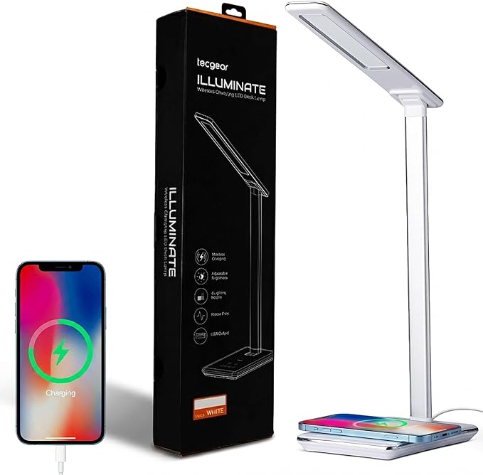 LED Desk Lamp White | Wireless Charger & USB Port | 4 Color Modes & 10 Brightness Level | Eye Caring Touch Control Lamp with Auto Timer | Foldable Adjustable Arm | Modern Light for Home Office