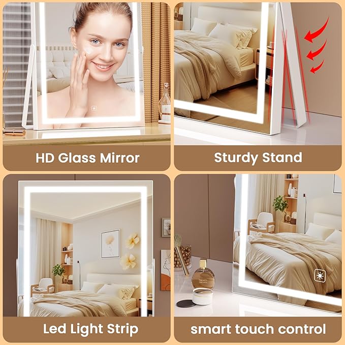 Vanity Mirror with Lights, 11"× 14" LED Makeup Mirror, Lighted Makeup Mirror with Lights, Smart Touch Control Dimmable 3 Modes Light 360°Rotation Gold