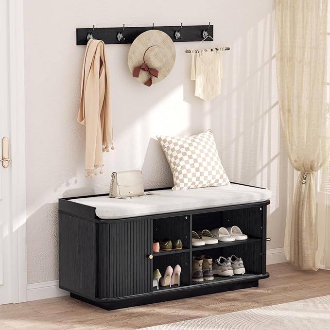 Hall Tree with Bench and Shoe Storage, Entryway Bench with Sliding Door Cabinet, Removable Padded, Metal Wall Hooks and Adjustable Storage Compartments, for Entry, Hallway, Living Room, Black