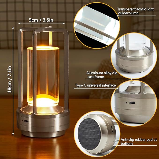 Small Table Lamp, Rechargeable Cordless Battery Operated LED Lamp, 3-Color Temperatures Dimmable Nightstand Lamp for Living Room, Bedroom, Outdoor Battery Powered Portable Touch Lamp (Silver)