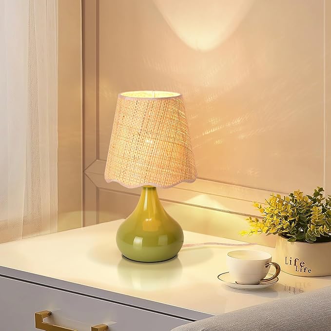Green Small Touch Control Table Lamp for Bedroom,Green Bedside Lamps for Nightstand,Cute Mini Small Table Lamps for Small Spaces with Scalloped Shade for Kitchen Counter,Bookshelf,Living Room