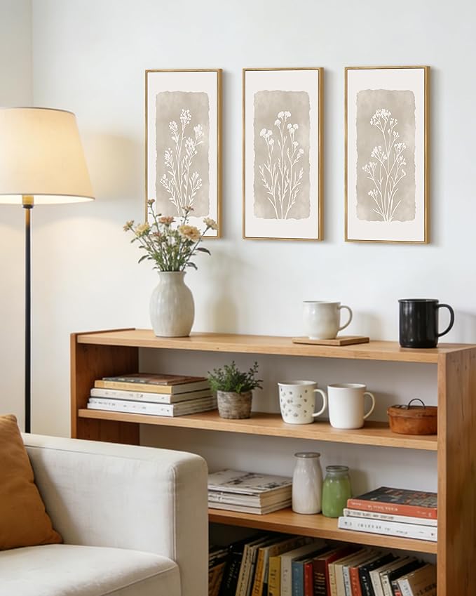 KUVIOKE Vintage Botanical Framed Wall Art White Floral Decor Print Modern Rustic Farmhouse Home Office Kitchen Hallway 8x16in3pcs Natural Framed