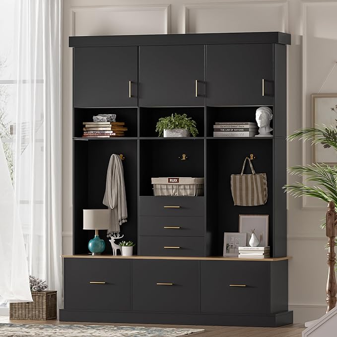 Amposei Hall Tree with Storage Bench & Coat Rack 58’’W Modern Tall Entryway Oranizer Cabinet with 6 Drawers, 3 Metal Hooks for Living Room Hallway Mudroom, Black