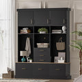 Amposei Hall Tree with Storage Bench & Coat Rack 58’’W Modern Tall Entryway Oranizer Cabinet with 6 Drawers, 3 Metal Hooks for Living Room Hallway Mudroom, Black