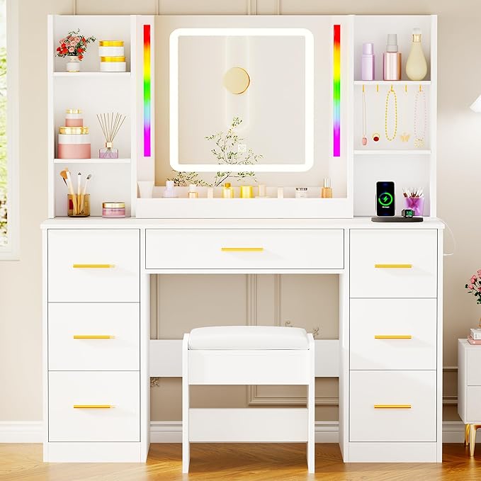 ANWBROAD Makeup Vanity Desk with Mirror and Lights 3 Colors Large Vanity Table with 7 Drawers & RGB Lights White Makeup Table with Charging Station 6 Storage Shelves Stool for Bedroom Women UBDT96W