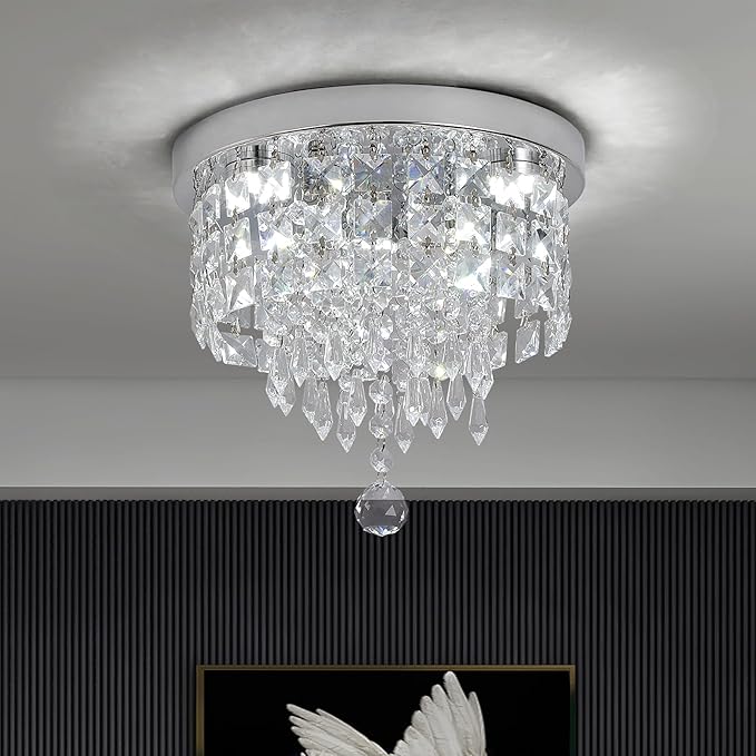Deckrico Crystal Chandelier Flush Mount Ceiling Light Chrome Modern LED Lighting Fixture for Bedroom, Closet, Bathroom, Hallway – White Light