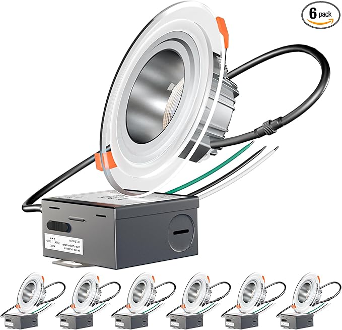 Lightdot 6" LED Recessed Lighting w/Night Light, Triac Dimmable, 12W 3000K/4000K/5000K Adjustable, Memory, CRI＞90, Retrofit, Gray w/Clear Acrylic Trim - 6 Pack