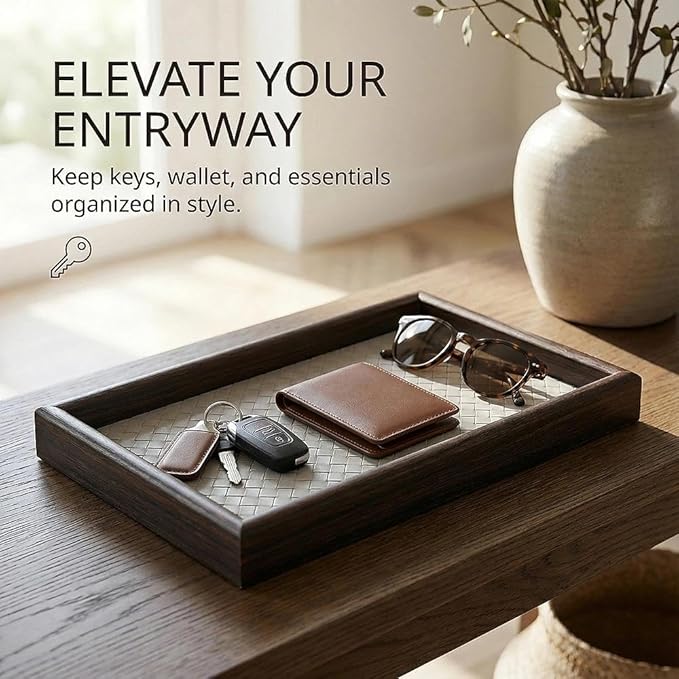 Zosenley Wooden Valet Tray with Leather Base - Nightstand Catchall Organizer for Cologne, Perfume, Keys, Wallet, Phone, Watch, Jewelry & Sunglasses (Llight Gray)