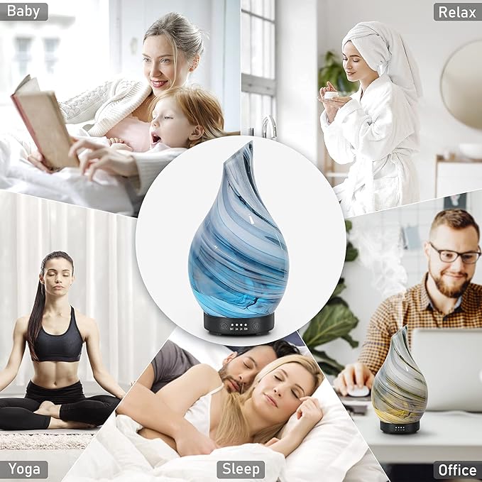 Essential Oil Diffuser Aromatherapy Diffuser - Art Glass Oil Diffuser with Auto Shut-Off Protection 4 Timer Setting 7 Colors Changed LED Night Light for Home Office Decor Gift (Grey Wave)
