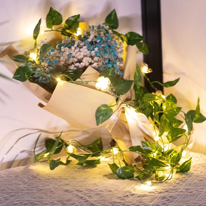 Vigdur 2 Packs Vine String Lights - Tiny Leaf Ivy String Lights with 48 Flower Lights Battery Powered Waterproof Fairy Light Indoor Outdoor for Bedroom Party Garden Wall Décor St. Patrick's Day
