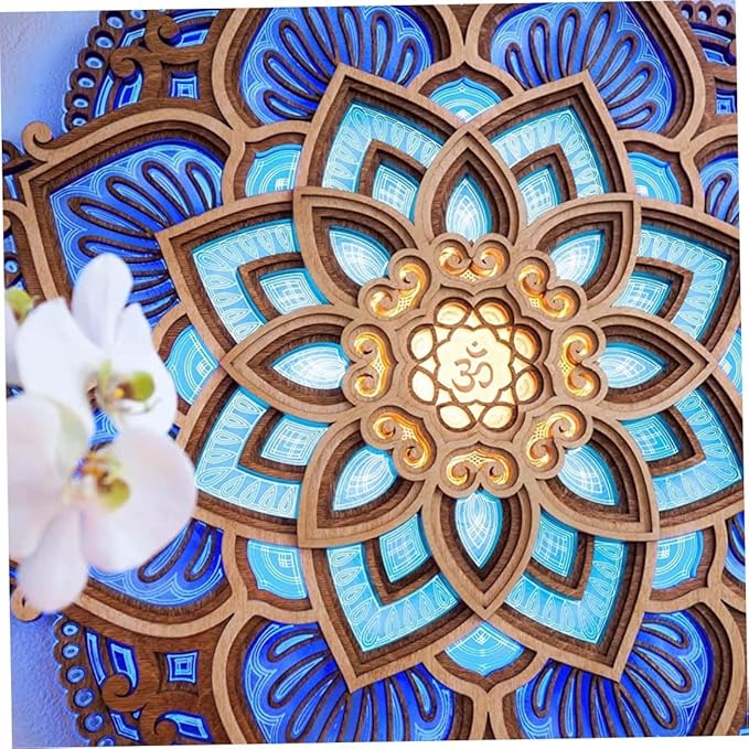 Night Light, 11.8inch Multilayered Cut Carved Mandala Panels Lamp, Wooden Mandala Hanging Light, Yoga Room Atmosphere Light, Wall Decor for Living Room Bedroom