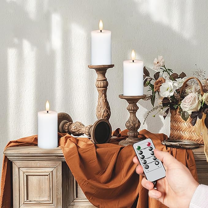 Eldnacele Flameless Pillar Flickering Candles With Remote and Timer - Battery Operated 3D Wick Real Wax LED Set of 6 White - Christmas Holiday Decor Wedding Home Indoor Decorations