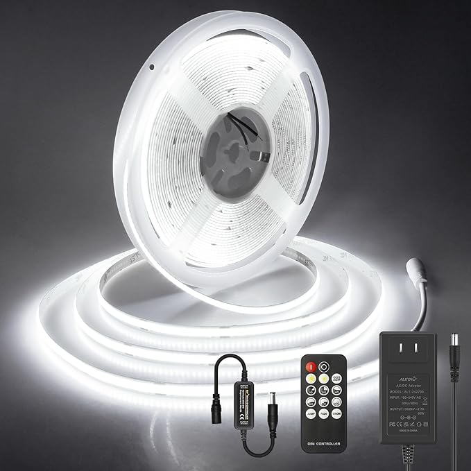 ALITOVE 32.8ft COB Led Strip Light White 6500K Super Bright 24V LED Rope Lights with Remote Dimmable 3200LEDs CRI90+ Uniform Glow LED Tape Light for Mirror Under Cabinet Living Room Study Wardrobe