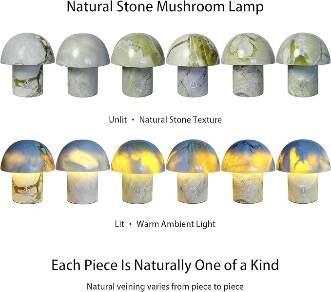Natural Stone Mushroom Lamp, Marble LED Rechargeable Night Light with Touch Dimming, 3-Level Brightness Small Table Lamp for Bedside Ambient Home Decor, Hand-Polished Stone Decor Light