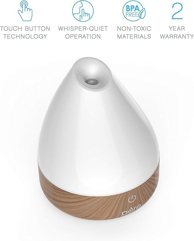 Pure Enrichment PureSpa Natural Aromatherapy Oil Diffuser (White) - Ultrasonic Air Deodorizer with 200ml Water Tank, Wood-Grain Accents, Soft Color-Changing Lights, and Auto Safety Shut-Off