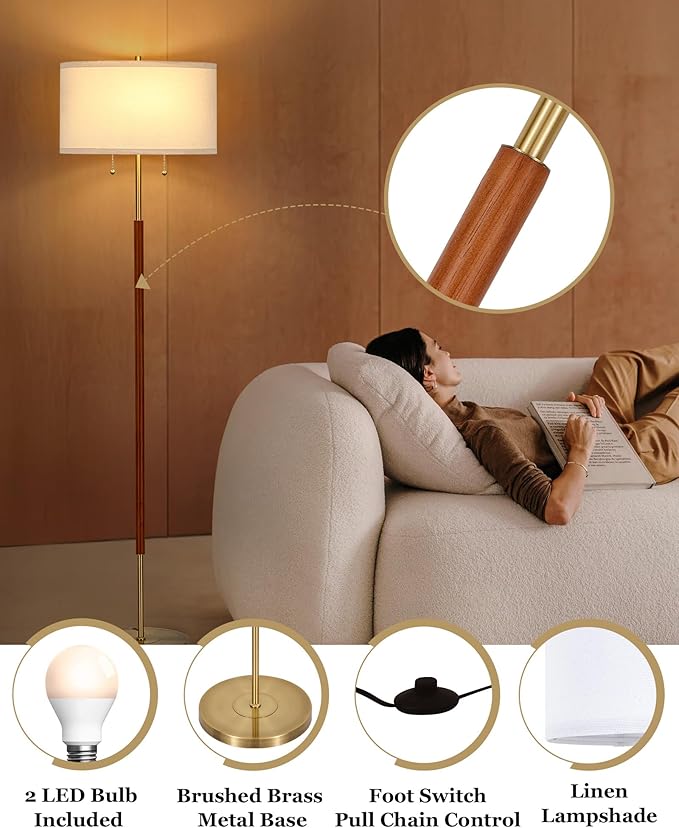 ELYONA 2-Light Wood Floor Lamp for Bedroom Mid Century Modern Standing Lamp 3 Color Temperatures 9W LED Bulbs Include White Fabric Shade Tall Pole Corner Light for Living Room Office, Brushed Brass