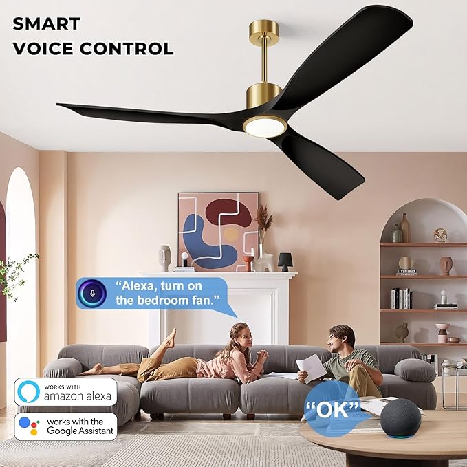 60" Smart Ceiling Fan with Lights,Black & Gold Ceiling Fan 3 Blade,Compatible with Alexa/Gg/App/Remote,6 Speed Quiet Reversible DC Motor for Patio Porch