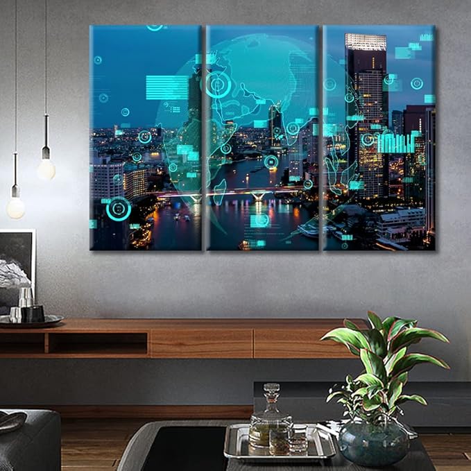 TUMOVO Artificial Intelligence Versus Big Data Pictures Wall Decor for Living Room 3 Piece Business Data Analytic Interface Smart City Black and White Wall Art Framed Ready to Hang (60" Wx40 H)