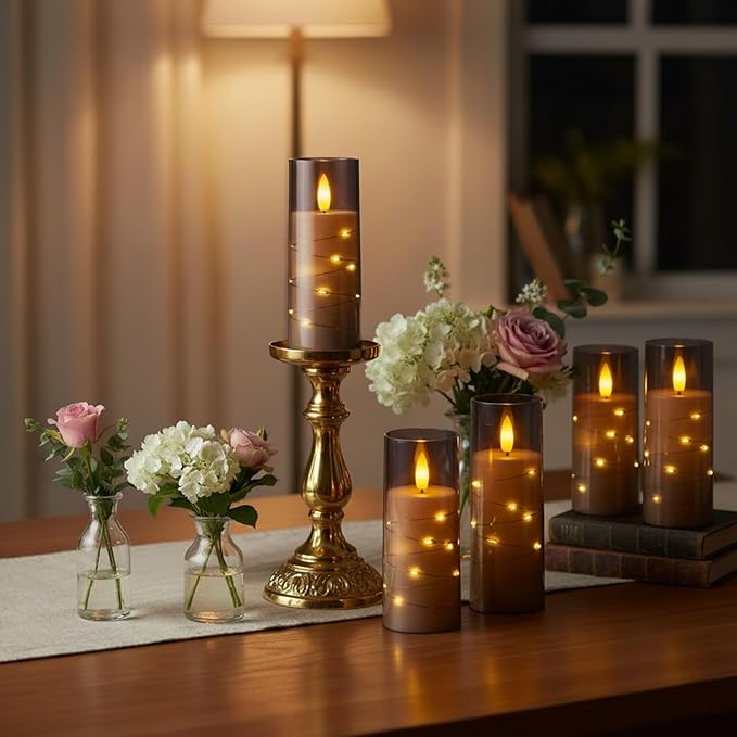 Raycare Flameless Candle with Remote Timer, 7 Flickering Acrylic Battery Operated LED Pillar Candles with Embedded Star String for Christmas, Home Decor, and as a Gift(Grey)