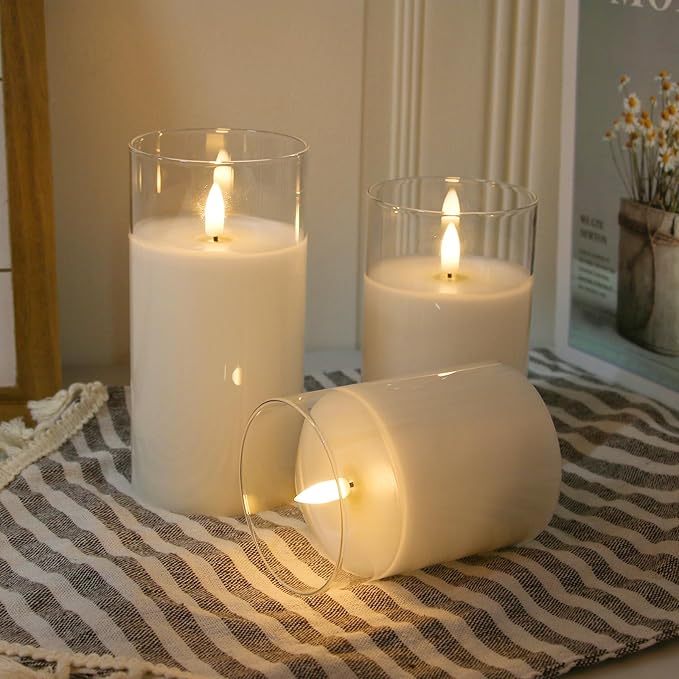 Pure White Glass Flameless Candles with Remote - Battery Operated Candles with Timer, LED Flickering Real Wax Candles for Festival Wedding Home Party Decoration, Clear, Set of 3