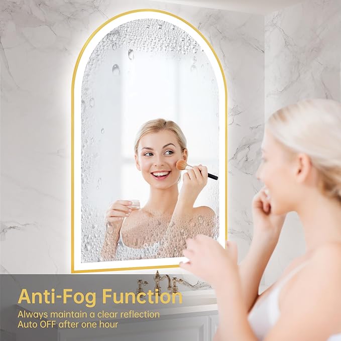 24"x36" Arched LED Mirror for Bathroom, Brushed Gold Lighted Bathroom Mirror with Lights, Fogless, Dimmable, Shatterproof, Touch Sensor, 3 Color Changing