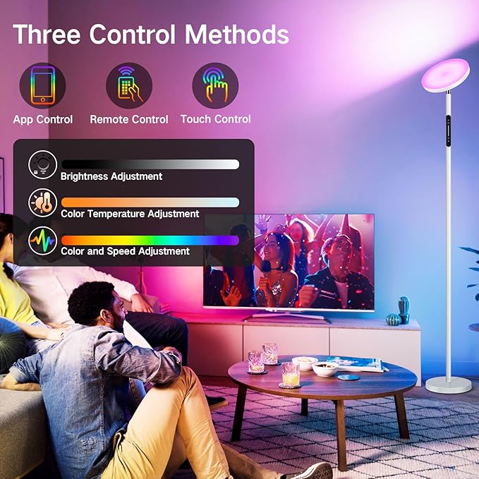 OUTON Smart RGB Floor Lamp, 36W LED Modern Torchiere Sky Lamp, Stepless Dimmable Standing Tall Lamp with APP, Remote and Touch Control, LED Lamps for Living Room, Bedroom, Gaming Room, Matte White