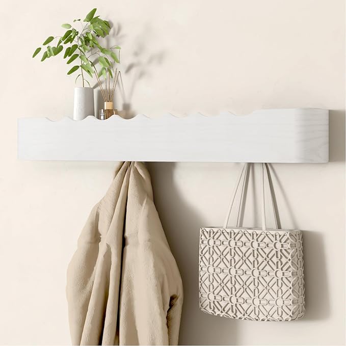 Coat Rack Wall Mount Entryway Organizer Modern Key Holder Wall Mount with Wooden Shelf Entryway Hooks for Bedroom Kitchen Hallway Bathroom for Hanging Coats Hats Dog Leashes Bags Towels