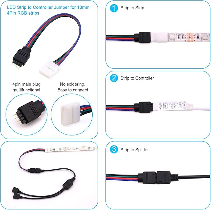 iCreating LED Strip Connector 4 Pin, RGB 5050 LED Light Connectors Kit Includes L Shape LED Connectors, 4Pin 10mm LED Light Strip Connectors for Controller Jumper