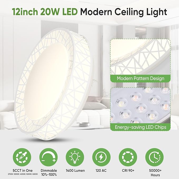 12 Inch Flush Mount Ceiling Light, Modern White LED Ceiling Light Fixture, 20W 1400LM 2700-6500K Adjustable, Dimmable Ceiling Lights for Bedroom, Kitchen, Hallway, Bathroom, ETL