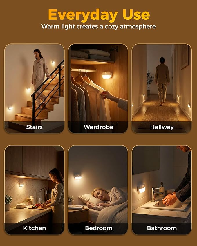 12 Pack Rechargeable Motion Sensor Stair Lights, Indoor Hallway Light, Portable Wireless Stick On Night Light, Battery Operated LED Lights for Staircase Closet Cabinet Toilet