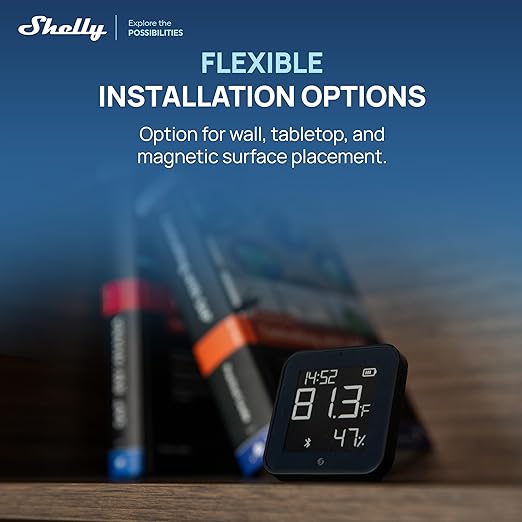 Shelly BLU H&T Display ZB Black, Bluetooth & Zigbee Operated Temperature & Humidity Levels Sensor, E-Paper Display, Home Assistant, Alexa, Google Home, Real-Time Monitoring, Long-Life Battery
